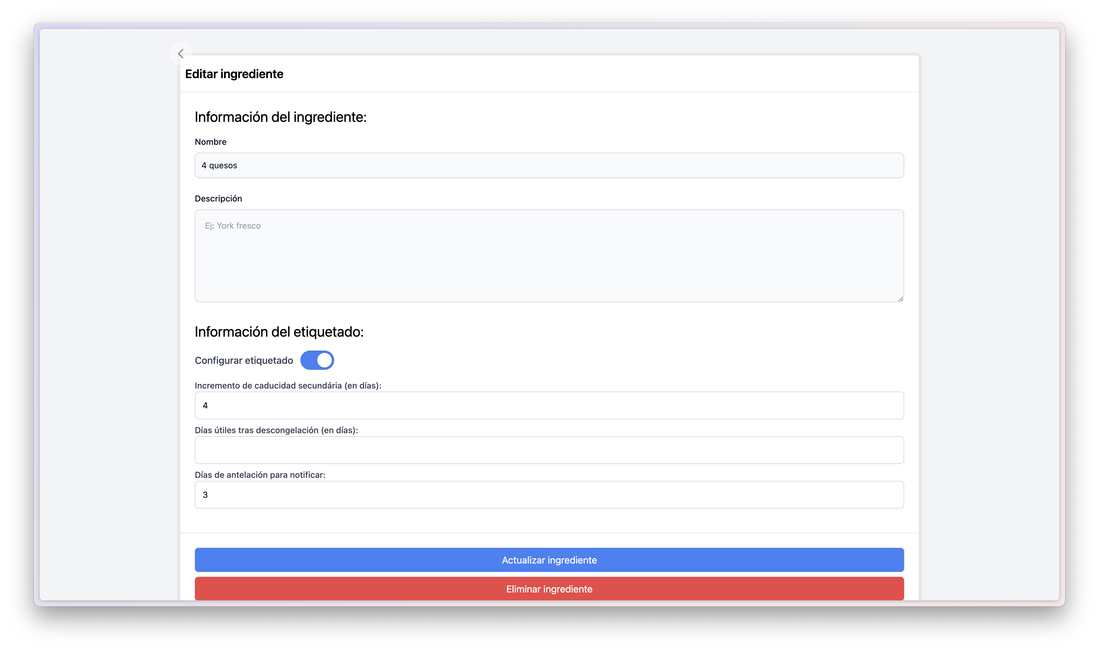 Pantalla de configuración de tiempos y sistema de alertas